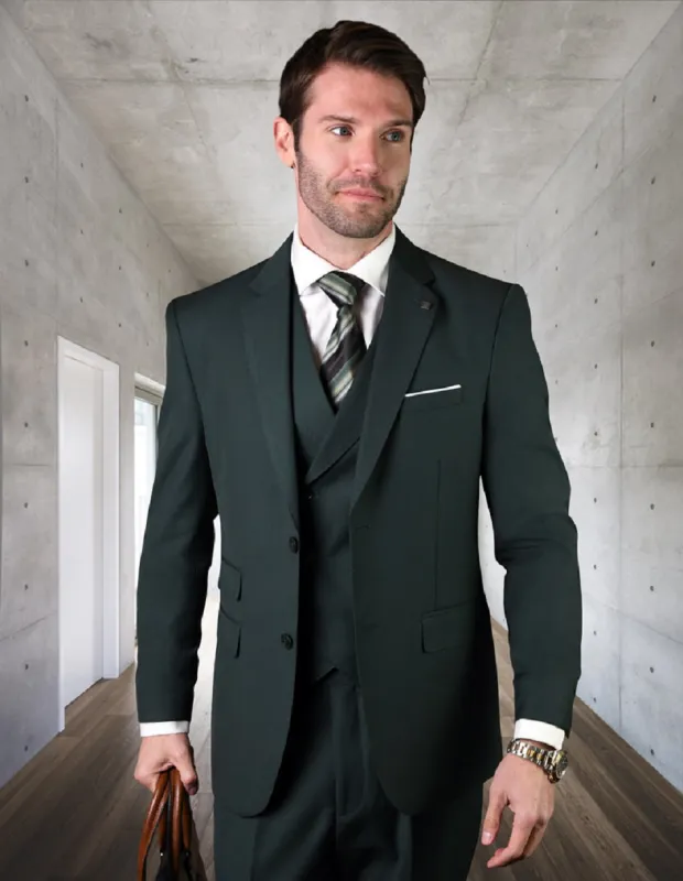 Mens 2 Button Slim Fit Wool Suit With Double Breasted Vest in Hunter Green sold by Alberto Nardoni