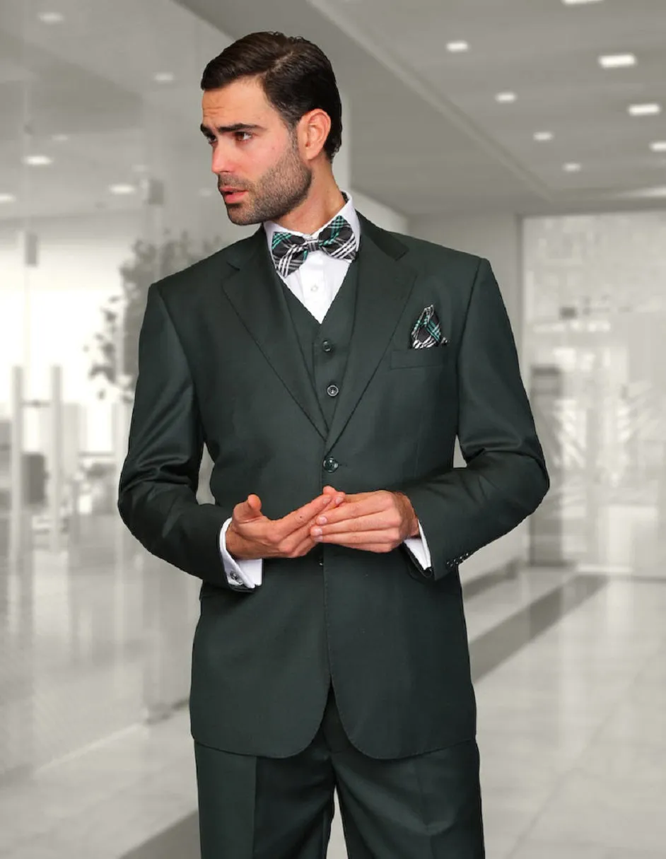 Mens 2 Button Modern Fit Vested Wool Suit in Hunter Green sold by Alberto Nardoni