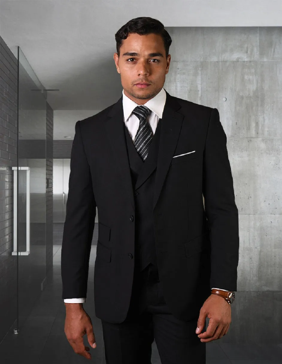 Mens 2 Button Slim Fit Wool Suit With Double Breasted Vest in Black sold by Alberto Nardoni