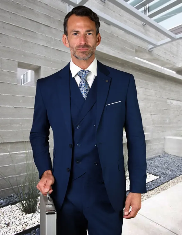 Mens 2 Button Slim Fit Wool Suit With Double Breasted Vest in Sapphire Blue sold by Alberto Nardoni