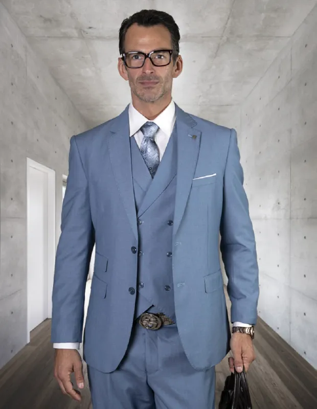 Mens 2 Button Slim Fit Wool Suit With Double Breasted Vest in Steel Blue sold by Alberto Nardoni