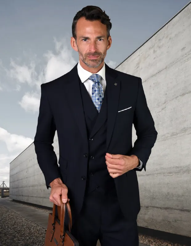 Mens 2 Button Slim Fit Wool Suit With Double Breasted Vest in Navy Blue sold by Alberto Nardoni