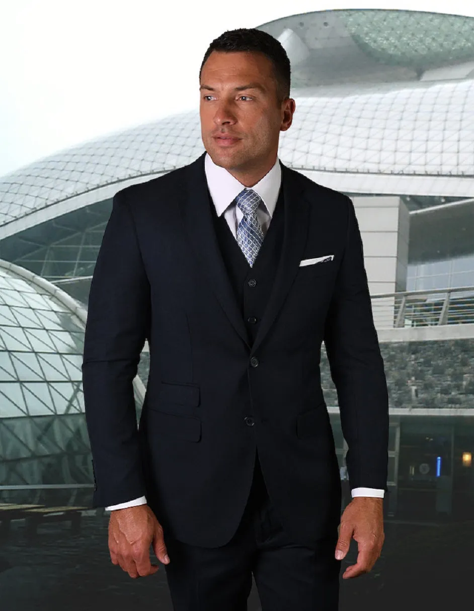 Mens 2 Button Modern Fit Vested Pick Stich Suit in Navy Blue sold by Alberto Nardoni