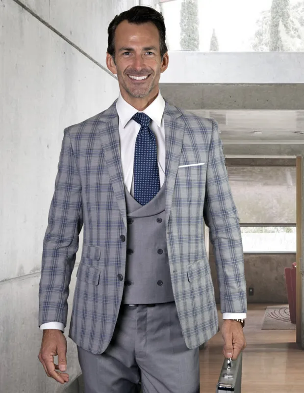 Mens 2 Button Plaid Suit with Low Cut Double Breasted Vest in Grey Plaid sold by Alberto Nardoni