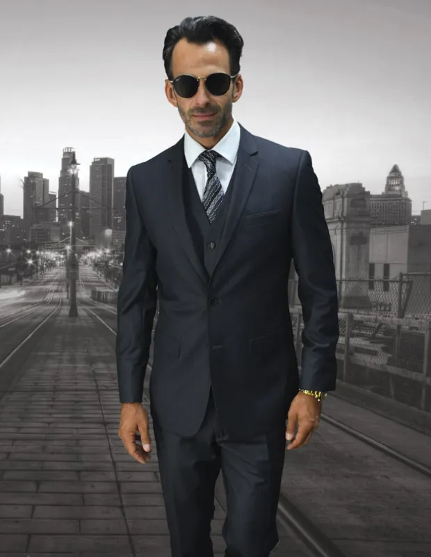 Mens 2 Button Skinny Vested Wool Suit in Charcoal Grey sold by Alberto Nardoni
