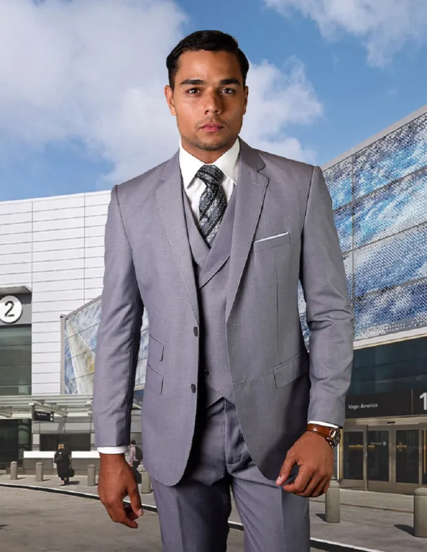 Mens 2 Button Slim Fit Wool Suit With Double Breasted Vest in Grey sold by Alberto Nardoni