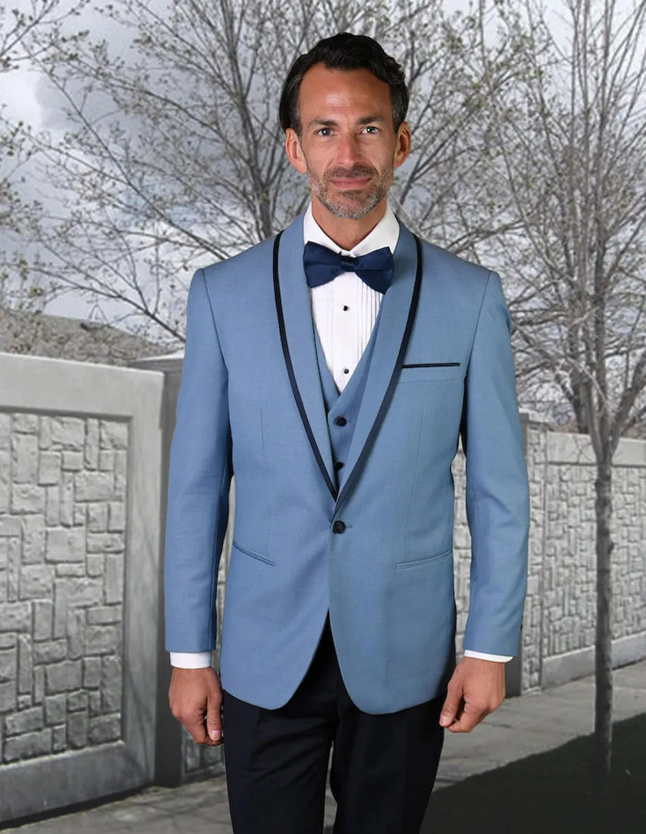 Mens Vested Wool Tuxedo in Shawl Lapel with Satin Trim in Steel Blue & Black sold by Alberto Nardoni