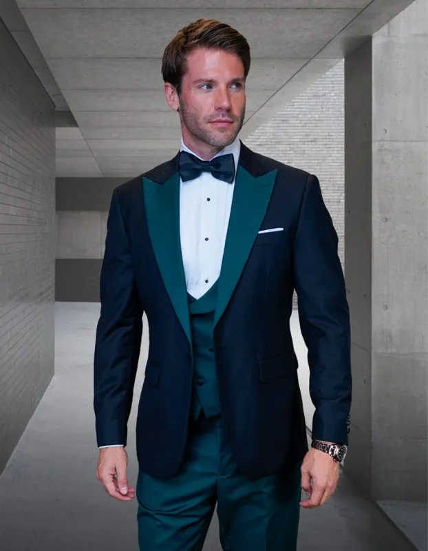 Mens Wool Vested Wide Contrast Peak Wedding Black and Hunter Green Tuxedo sold by Alberto Nardoni