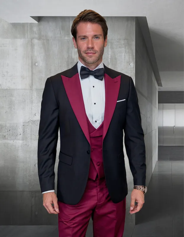 Mens Wool Vested Wide Contrast Peak Burgundy Wedding Tuxedo sold by Alberto Nardoni
