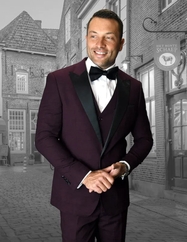 Mens Vested Wide Peak Lapel Prom Tuxedo in Burgundy sold by Alberto Nardoni