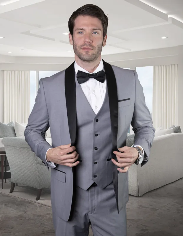 Mens Wool One Button Modern Fit Vested Shawl Tuxedo in Grey & Black sold by Alberto Nardoni