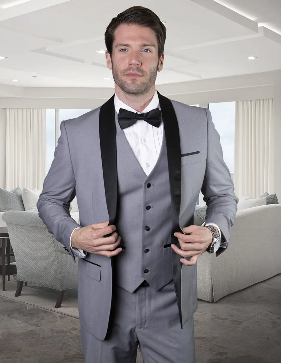 Mens Wool One Button Modern Fit Vested Shawl Tuxedo in Grey & Black sold by Alberto Nardoni