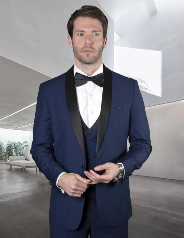 Mens Wool One Button Shawl Tuxedo with Double Breasted Vest in Sapphire Blue sold by Alberto Nardoni