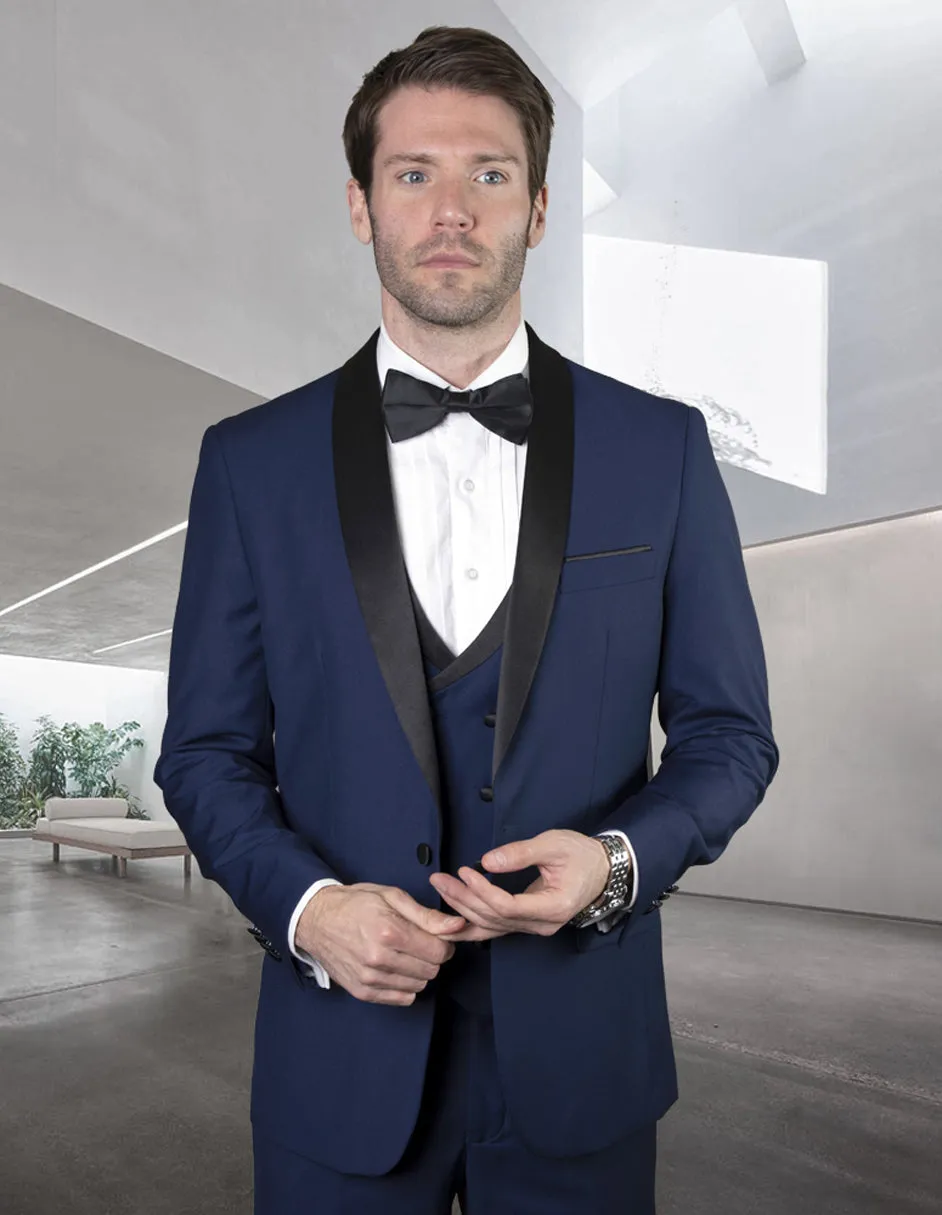 Mens Wool One Button Shawl Tuxedo with Double Breasted Vest in Sapphire Blue sold by Alberto Nardoni