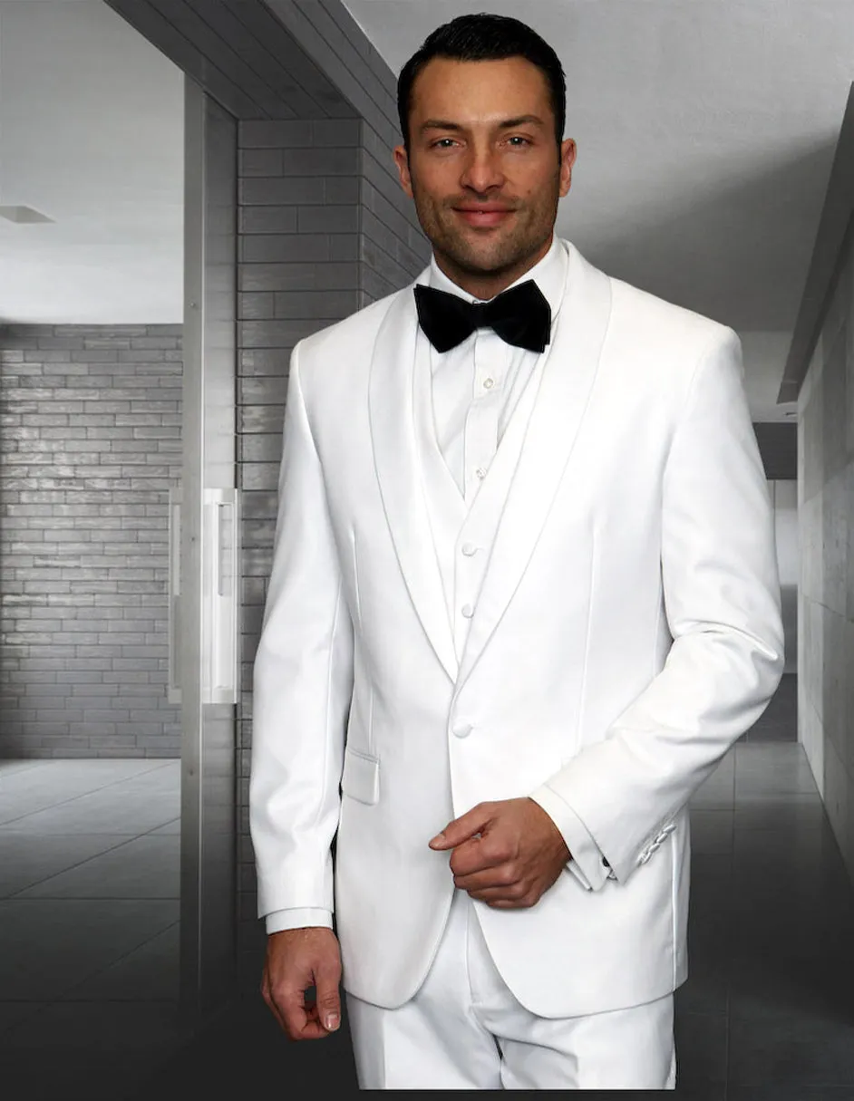 Mens Wool One Button Modern Fit Vested Shawl Prom Tuxedo in White sold by Alberto Nardoni