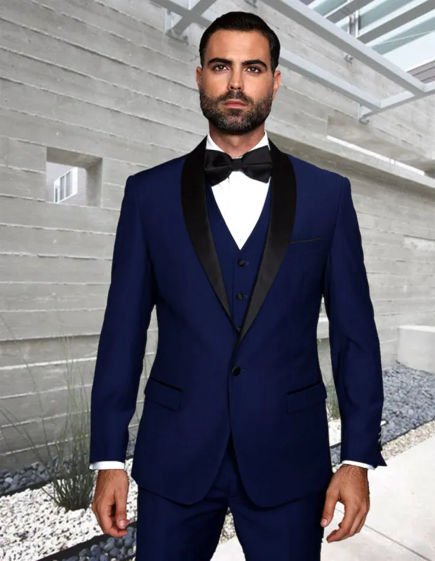 Mens Wool One Button Modern Fit Vested Shawl Prom Tuxedo in Sapphire Blue sold by Alberto Nardoni