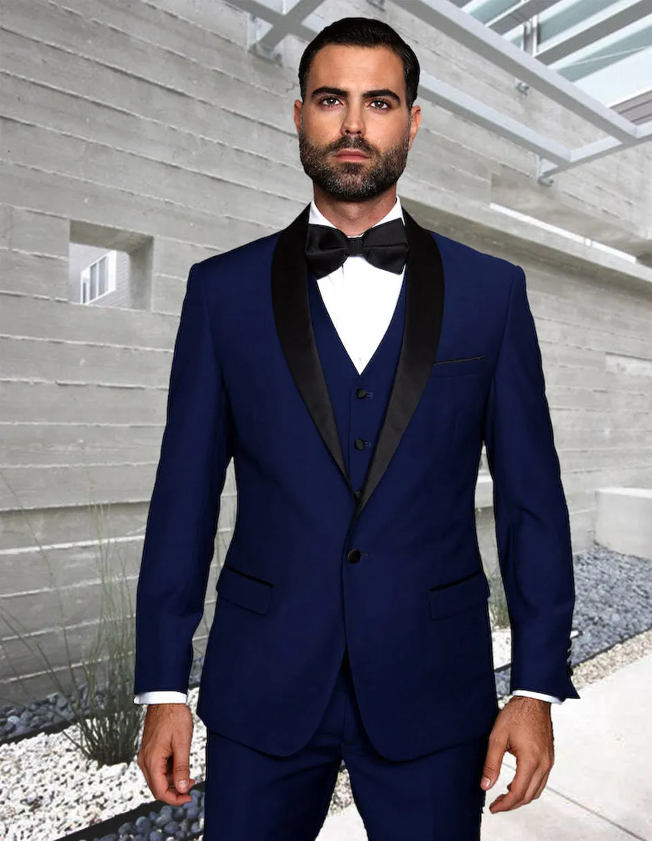 Mens Wool One Button Modern Fit Vested Shawl Prom Tuxedo in Sapphire Blue sold by Alberto Nardoni