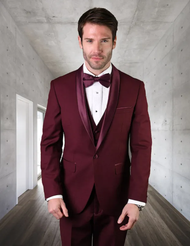 Mens Wool One Button Modern Fit Vested Shawl Prom Tuxedo in Burgundy sold by Alberto Nardoni