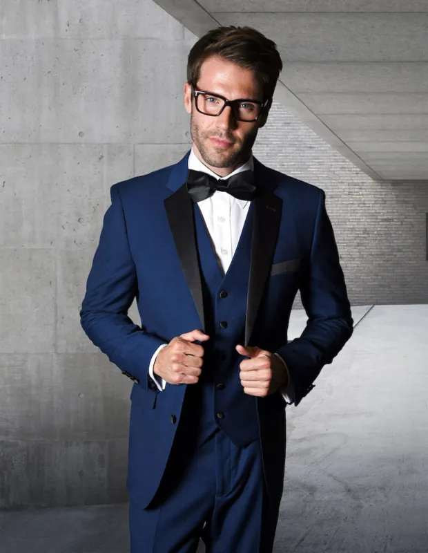 Mens Classic Modern Fit 2 Button Vested Wool Tuxedo in Sapphire Blue sold by Alberto Nardoni