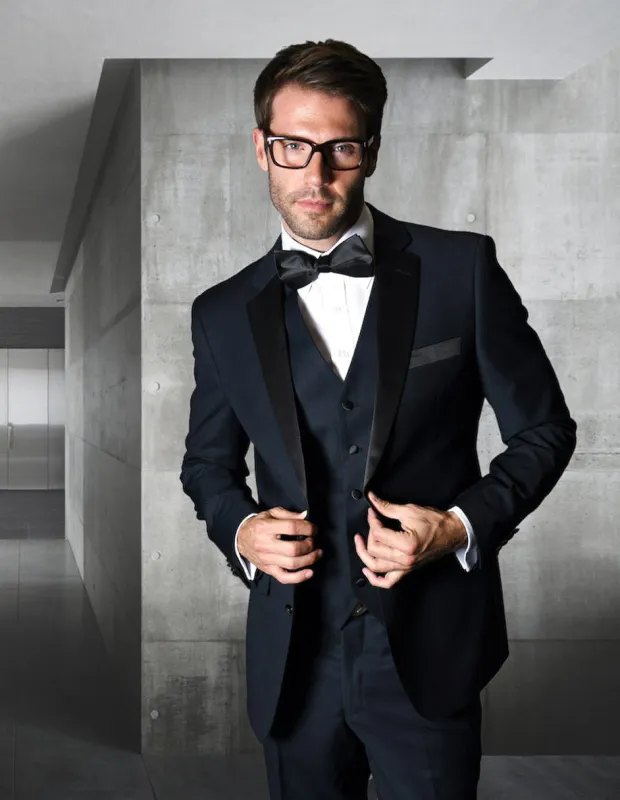 Mens Classic Modern Fit 2 Button Vested Wool Tuxedo in Navy Blue sold by Alberto Nardoni