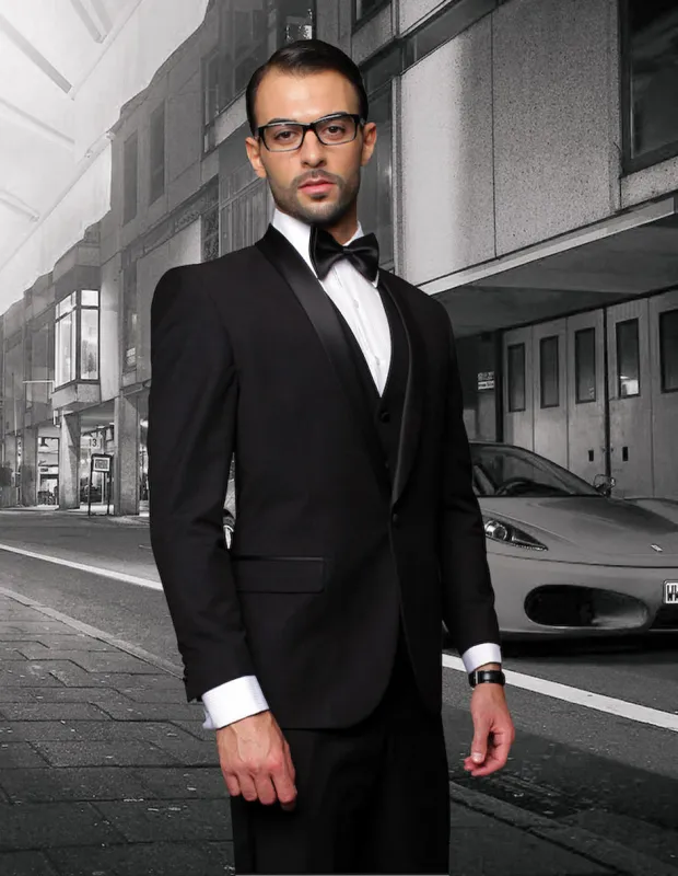 Mens Wool One Button Modern Fit Vested Shawl Prom Tuxedo in Black sold by Alberto Nardoni