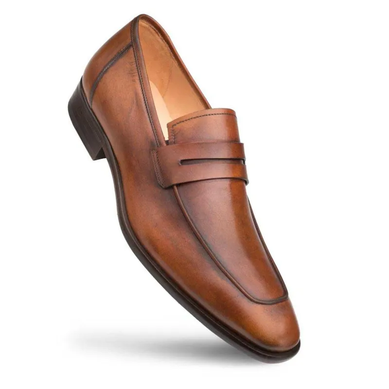 Mezlan Men’s Penny Loafer – Cognac Burnished Calfskin Leather Slip-On, Handmade in Spain sold by Alberto Nardoni