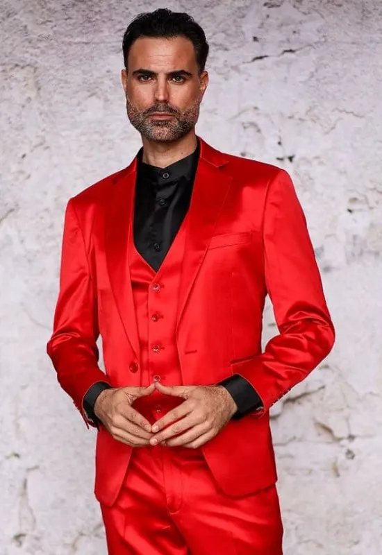 Mens 3-Piece Slim-Fit Shiny All Satin Suit Red sold by Alberto Nardoni