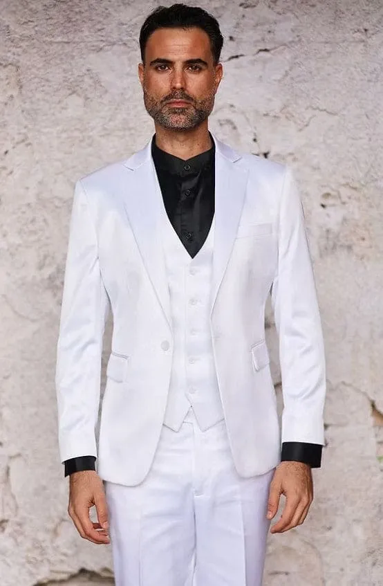 Mens 3-Piece Slim-Fit Shiny All Satin Suit White sold by Alberto Nardoni