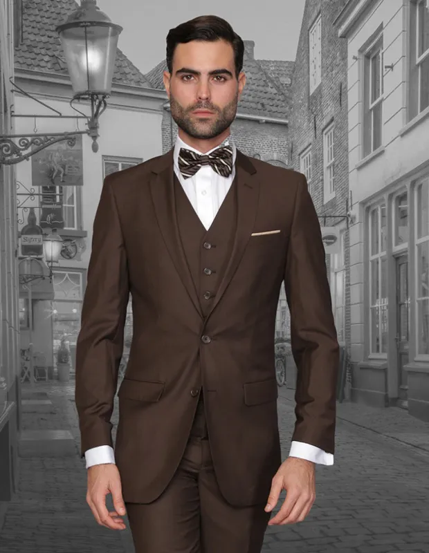 Mens 2 Button Skinny Vested Wool Suit in Brown sold by Alberto Nardoni
