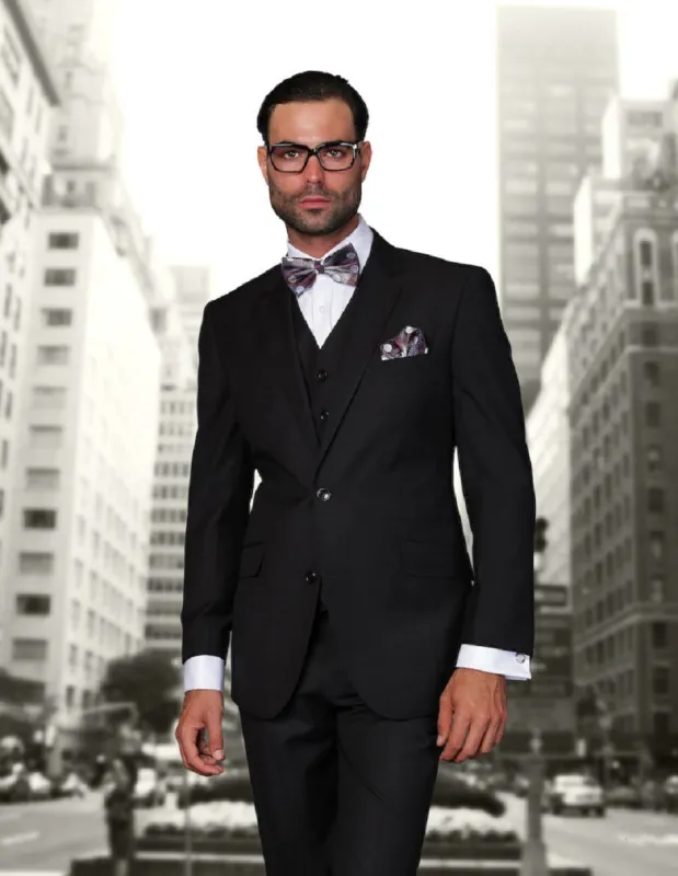 Mens 2 Button Modern Fit Vested Wool Suit in Black sold by Alberto Nardoni