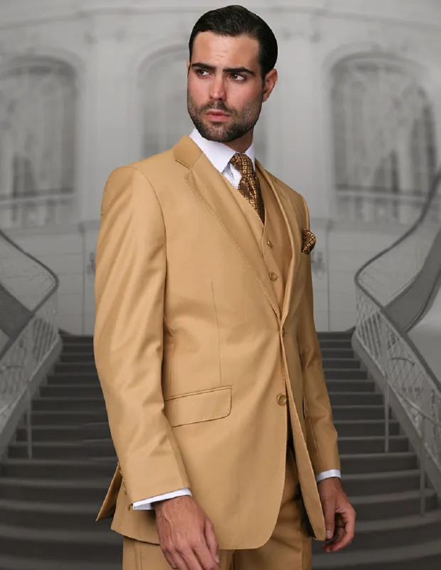 Mens Classic Fit Pleated Pant 2 Button Wool Suit in Camel sold by Alberto Nardoni