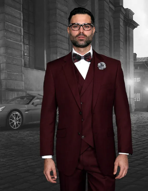 Mens 2 Button Classic Fit Pleated Pant Suit with Double Breasted Vest in Burgundy sold by Alberto Nardoni
