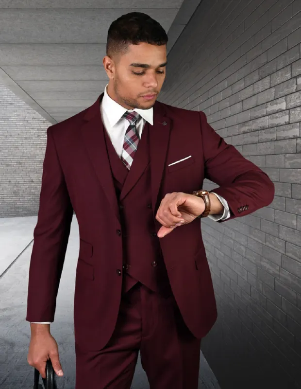 Mens 2 Button Slim Fit Wool Suit With Double Breasted Vest in Burgundy sold by Alberto Nardoni