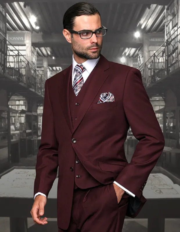 Mens 2 Button Modern Fit Vested Wool Suit in Burgundy made by Alberto Nardoni
