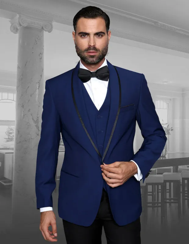 Mens Vested Wool Tuxedo in Shawl Lapel with Satin Trim in Sapphire Blue & Black sold by Alberto Nardoni