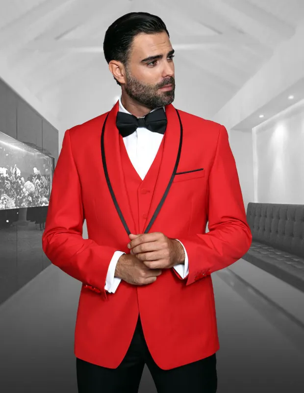 Mens Vested Wool Tuxedo in Shawl Lapel with Satin Trim in Red & Black sold by Alberto Nardoni