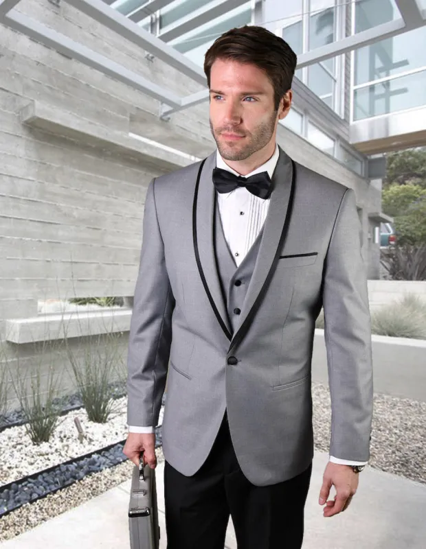Mens Vested Wool Tuxedo in Shawl Lapel with Satin Trim in Grey & Black sold by Alberto Nardoni