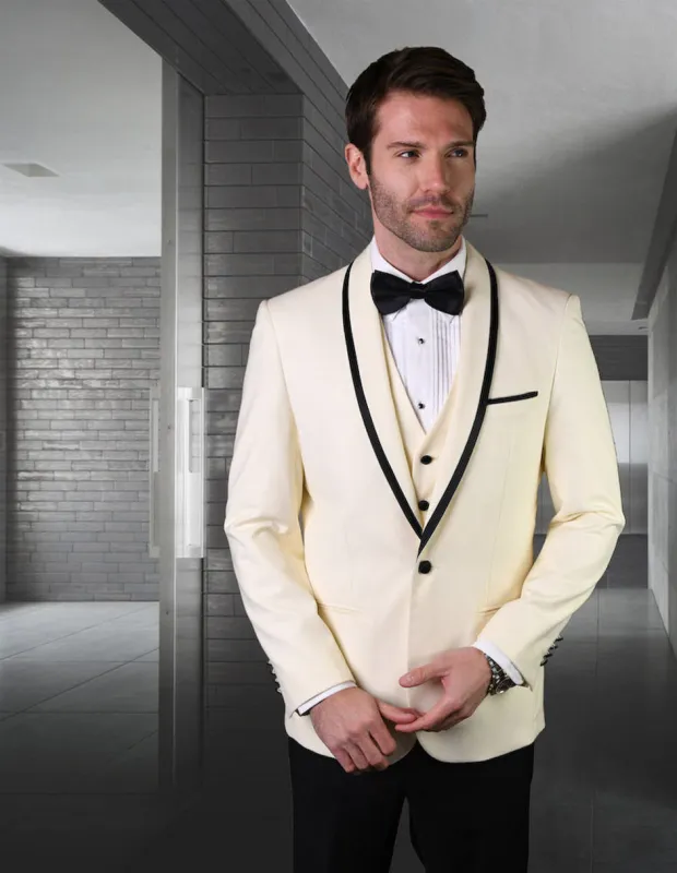 Mens Vested Wool Tuxedo in Shawl Lapel with Satin Trim in Ivory & Black sold by Alberto Nardoni