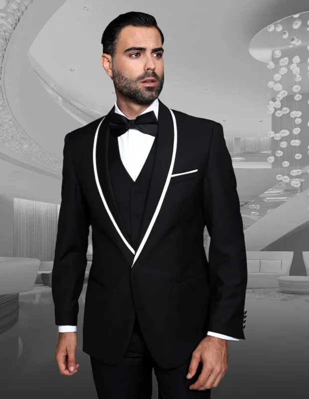Mens Vested Wool Tuxedo in Shawl Lapel with Satin Trim in Black sold by Alberto Nardoni