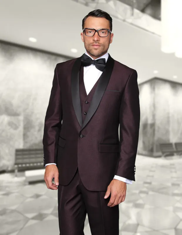 Mens Vested One Button Shiny Shawl Lapel Tuxedo in Burgundy sold by Alberto Nardoni