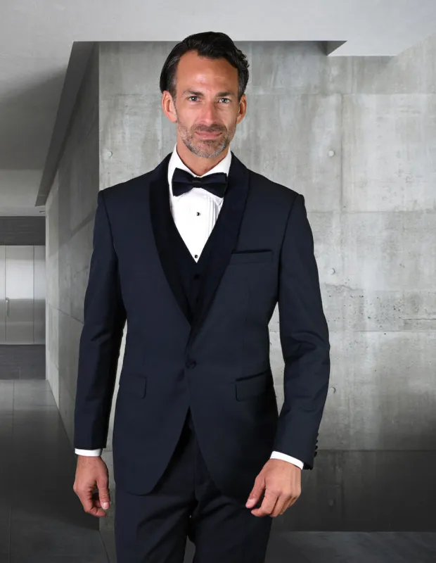 Mens Vested Wool Tuxedo with Velvet Shawl Lapel in Navy sold by Alberto Nardoni