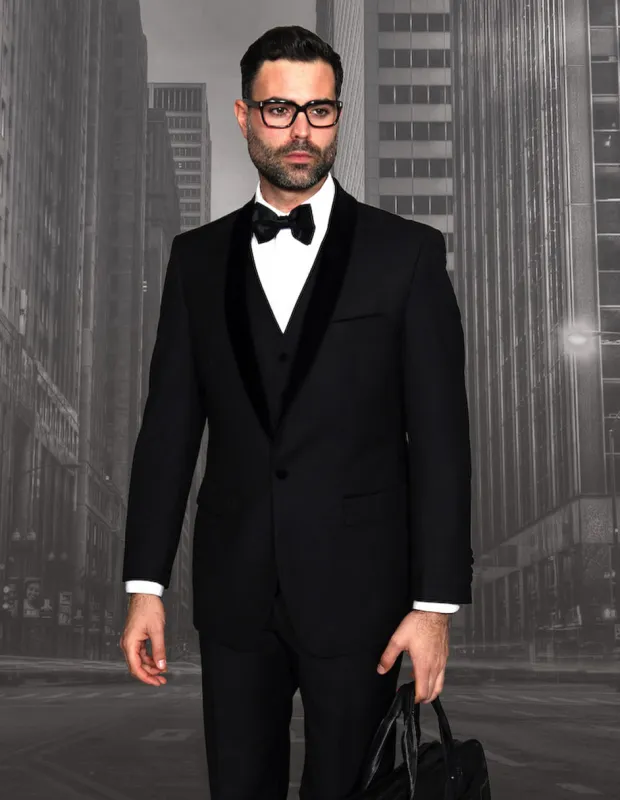 Mens Vested Wool Tuxedo with Velvet Shawl Lapel in Black sold by Alberto Nardoni