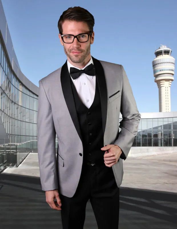 Mens Vested Wool Shawl Lapel Tuxedo in Grey sold by Alberto Nardoni