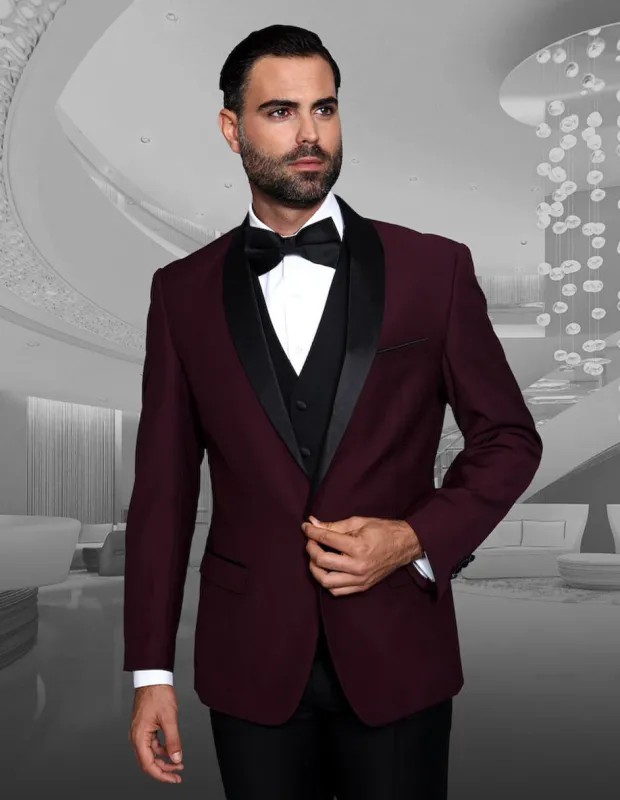 Mens Vested Wool Shawl Lapel Tuxedo in Burgundy sold by Alberto Nardoni