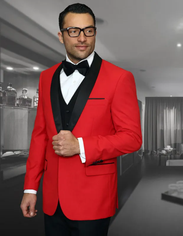 Mens Vested Wool Shawl Lapel Tuxedo in Red sold by Alberto Nardoni