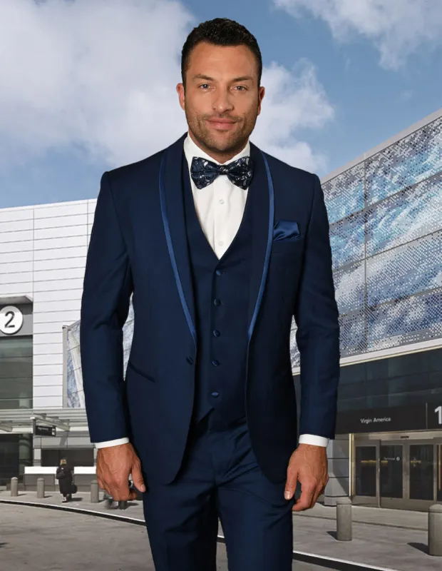 Mens Vested Shawl Lapel Tuxedo With Satin Trim in Sapphire Blue sold by Alberto Nardoni