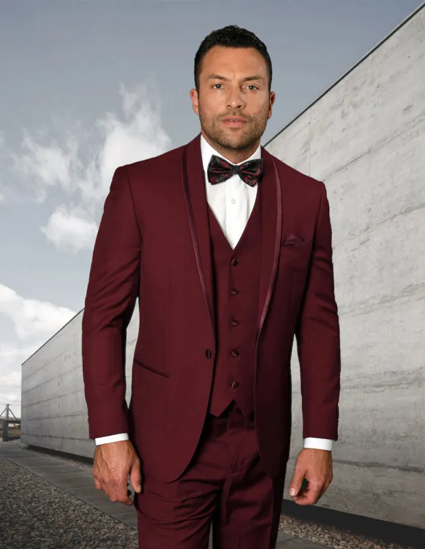 Mens Vested Shawl Lapel Tuxedo With Satin Trim in Burgundy sold by Alberto Nardoni