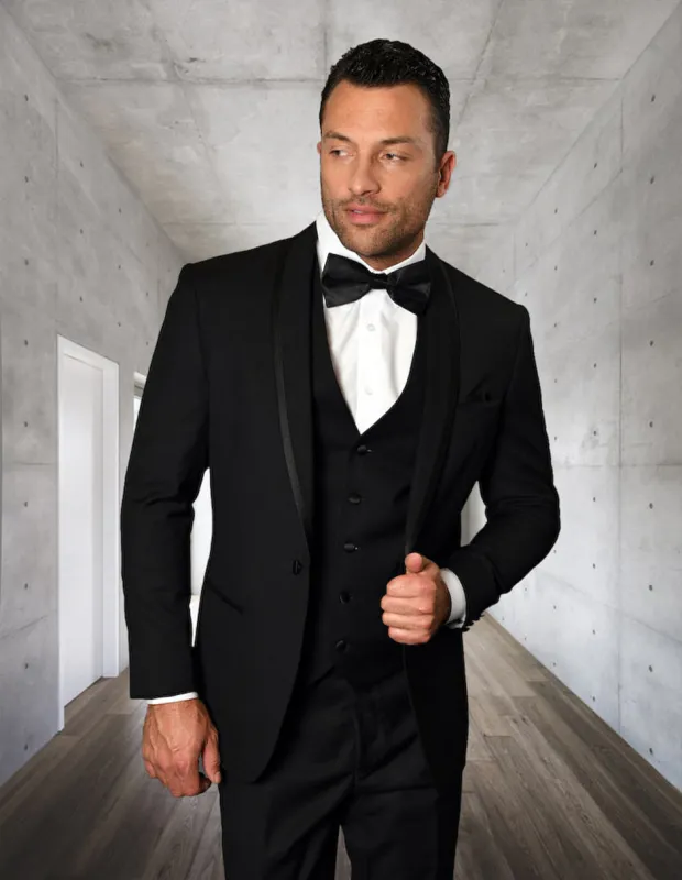 Mens Vested Shawl Lapel Tuxedo With Satin Trim in Black sold by Alberto Nardoni