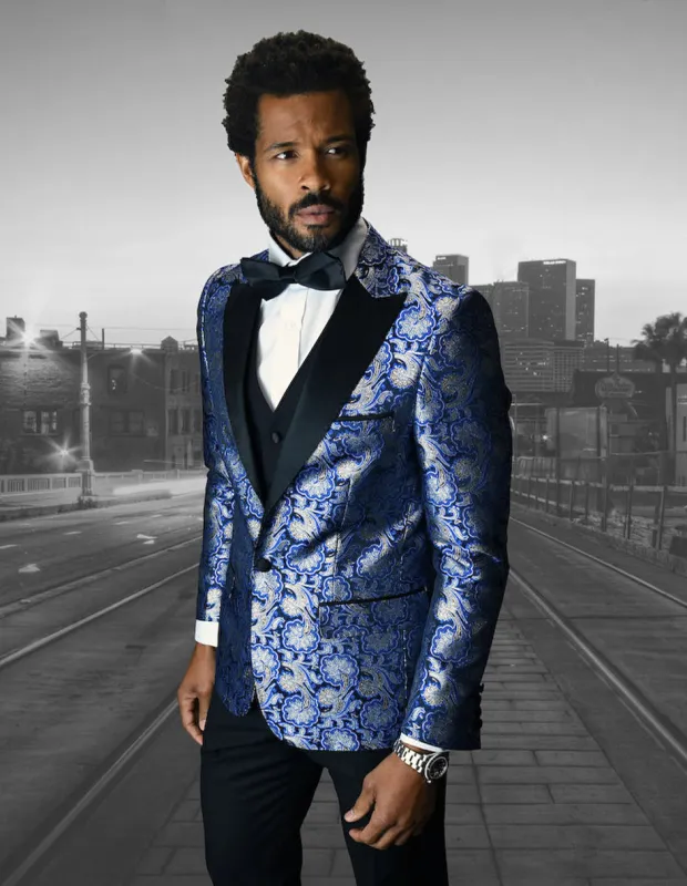 Mens Vested One Button Peak Lapel Shiny Floral Tuxedo in Royal Blue sold by Alberto Nardoni