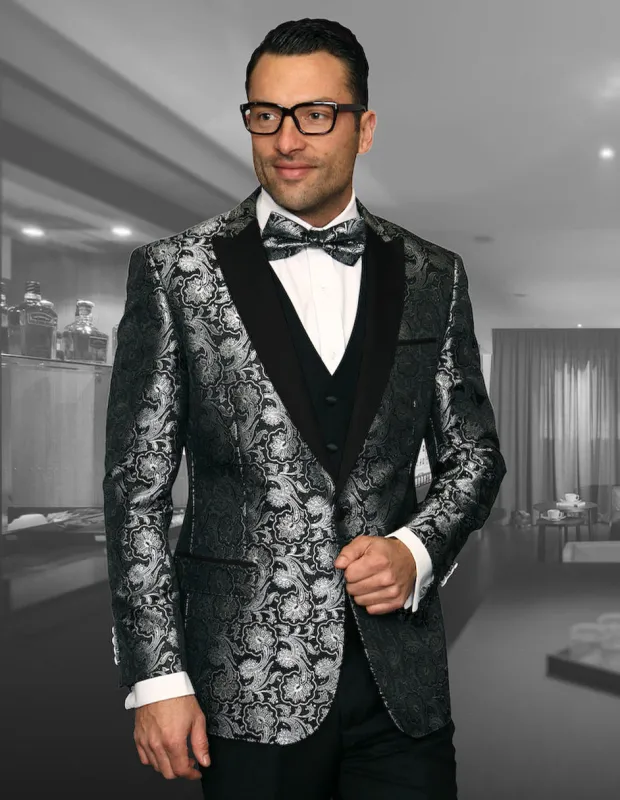 Mens Vested One Button Peak Lapel Shiny Floral Tuxedo in Black sold by Alberto Nardoni